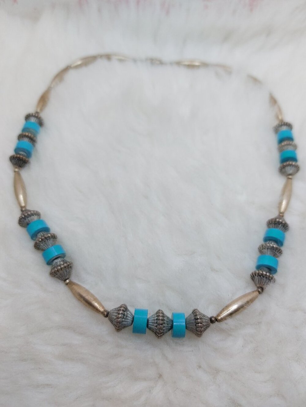 Vintage Vibrant Turquoise-colored Cylinders w/ Textured Silver-tone Beads Neck